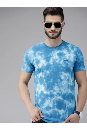 The Bear House Men Blue & White Pure Cotton Tie and Dye Printed Slim Fit T-shirt