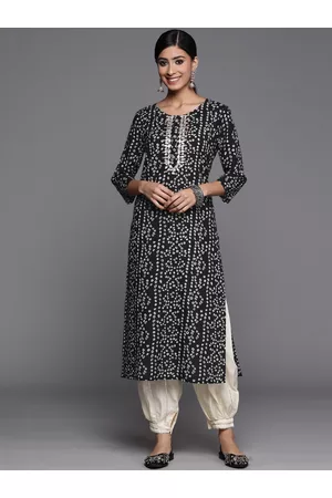 Varanga Black Bandhani Printed Round Neck Gotta Patti Pure Cotton Straight Kurta