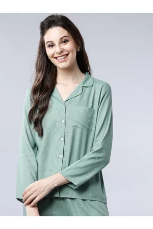 Tokyo Talkies Women Teal Green & White Regular Fit Printed Sleep Shirt