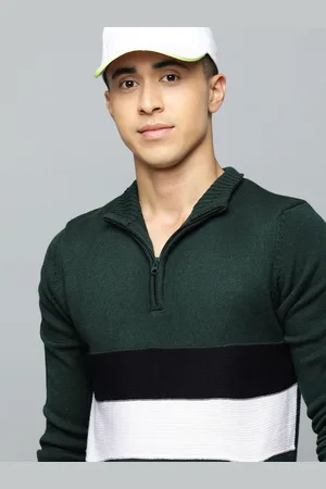 Flying Machine Men Olive Green & White Colourblocked Pullover