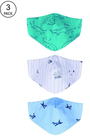 Vea Kids Pack of 3 Green & Blue Printed 5 Layered Cotton Face Mask