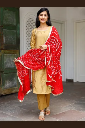 Ambraee Women Beige Gotta Patti Kurta with Trousers & Dupatta