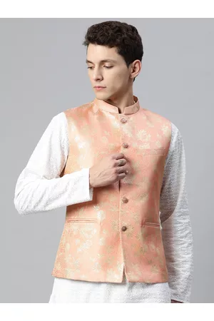 MANQ Men Woven Design Jaquard Silk Nehru Jacket