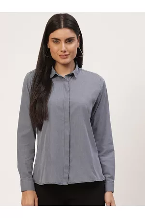 English Navy Women Navy Blue Regular Fit Micro Checks Checked Formal Shirt