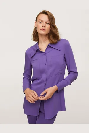 MANGO Women Purple Pointed Collar Solid Longline Casual Shirt