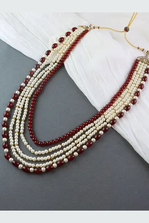 I Jewels Men White & Maroon Gold-Plated Dulha Moti Necklace