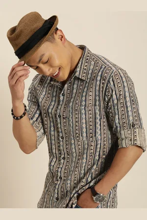 Taavi Men Beige And Blue Kalamkari Block Printed Pure Cotton Casual Shirt