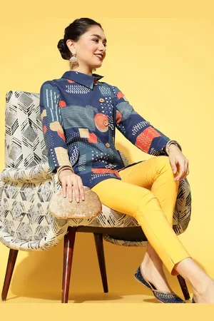 Sangria Women Navy Blue Orange Geometric Asymmetric Closure Longline Tailored Jacket