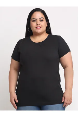 Pluss Women Black Solid Regular Fit Cotton Plus Size T-shirt
