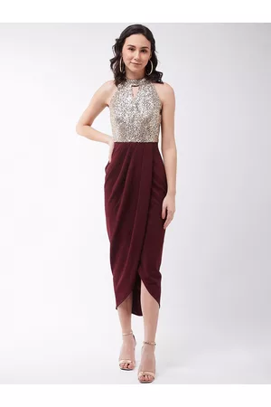 Miss Chase Women Sequined Embellished Crepe Sheath Wrap Midi Party Dress