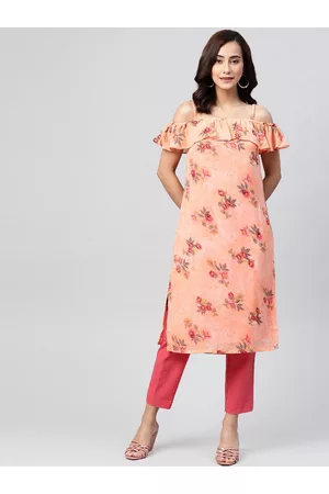 Jompers Women Orange Floral Printed Off-Shoulder Cold-Shoulder Sleeves Kurta