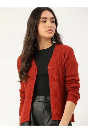 DressBerry Women Red Self-Striped Cardigan