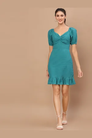 KASSUALLY Women Blue Embroidered A-Line Twist And Knot Dress