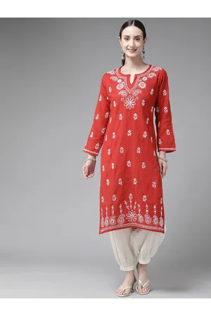 ADAM Co. Women Red & White Floral Embroidered Chikankari Kurta