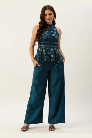 Ethnovog Made To Measure Teal Blue Gold Floral Embroidered Sequinned Co-ord Set