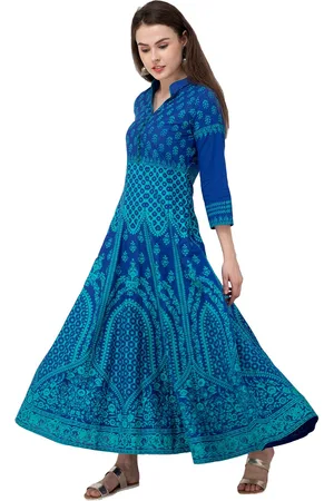 EZIS FASHION Women Blue Ethnic Motifs Printed Anarkali Pure Cotton Kurta
