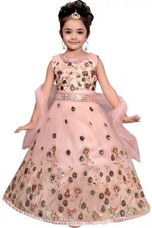 SKY HEIGHTS Girls Pink & Gold-Toned Embellished Ready to Wear Lehenga & Blouse With Dupatta