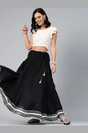 Jaipur Hand Crafted flared Black Pure Cotton Skirt with White Crop Top