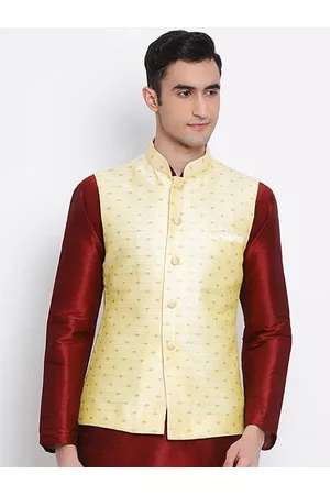 Sanwara Men Beige & Gold-Coloured Woven Design Nehru Jacket