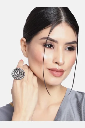 I Jewels Nude Pink & Silver-Toned Rhodium Plated Oxidised Kundan Handcrafted Finger Ring