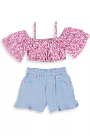 Nauti Nati Girls Pink & Blue Printed Top with Shorts