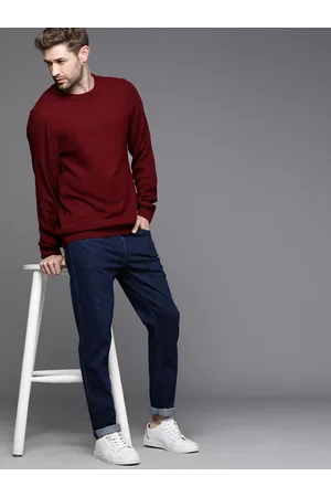 WROGN Men Maroon Self Striped Pullover Sweater