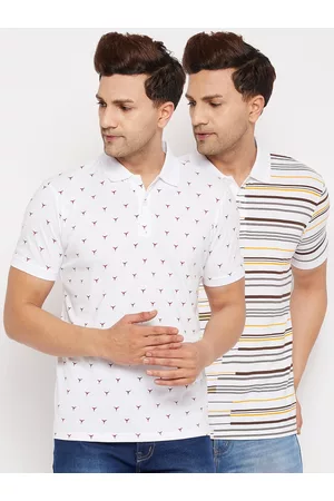 WILD WEST Men White Set Of 2 Printed Polo Collar Cotton T-shirt