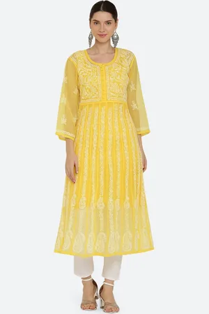 FAWOMENT Women Yellow Ethnic Motifs Embroidered Chikankari Georgette Kurta