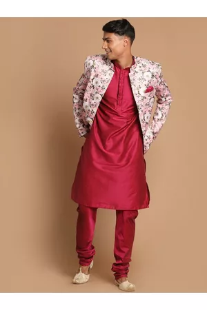 Vastramay Men Fuchsia Floral Yoke Design Kurta with Churidar