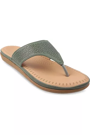 Metro Women Green Textured T-Strap Flats with Laser Cuts