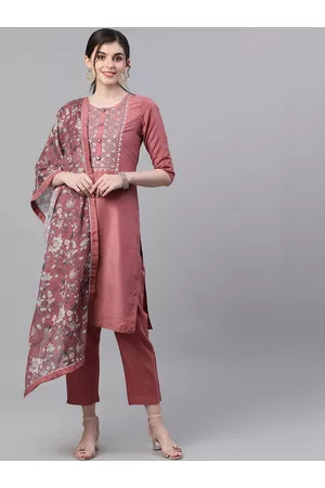 Ishin Women Mauve & White Yoke Design Kurta with Trousers & Dupatta