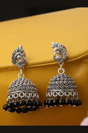 Bhana Fashion Maroon Silver-Plated Peacock Shaped Jhumkas Earrings