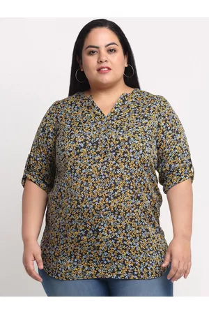 Pluss Black & Yellow Plus Women Floral Print Shirt Style Top