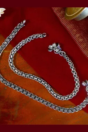 TEEJH Set Of 2 Oxidised Silver-Toned Heena Linked Anklets