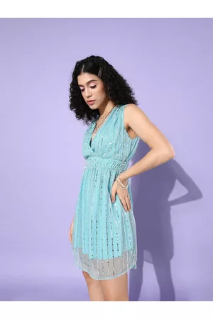 Sera Blue Embellished Net Blouson Dress