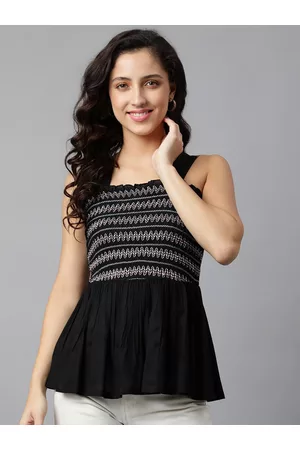 DEEBACO Women Black & White Fit And Flare Embroidered Top
