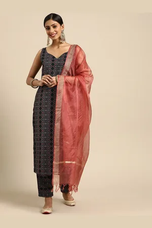 anayna Women Navy Blue & Red Pure Cotton Printed Kurta with Trousers & Dupatta