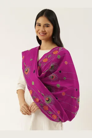 ArtEastri Pink & Mustard Ethnic Motifs Embroidered Pure Cotton Dupatta with Kantha Work