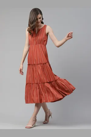 Mast & Harbour Rust Orange Striped Ethnic Tiered A-Line Dress