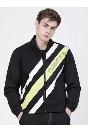 LocoMotive Men Black & Lime Green Striped Tailored Cotton Jacket