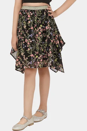 CACA CINA Girls Black & Green Floral Printed Flared Knee-Length Skirt