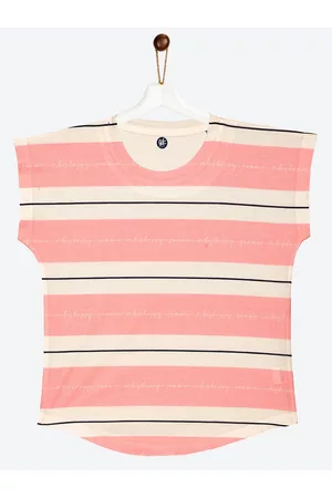 YK Girls White & Peach-Coloured Striped Extended Sleeves Top