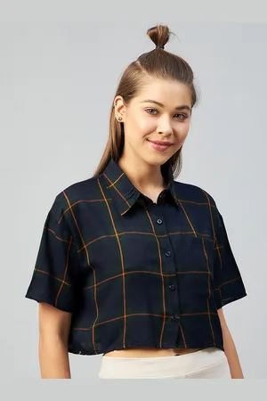 Chimpaaanzee Women Navy Blue Relaxed Boxy Tartan Checks Checked Casual Shirt