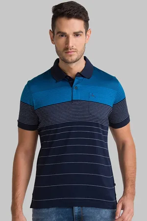 Parx Men Blue & Grey Striped Polo Collar T-shirt