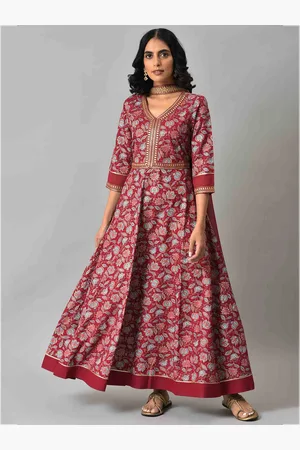 AURELIA Maroon & Gold-Toned Zari Embroidered Floral Printed Choker Maxi Dress