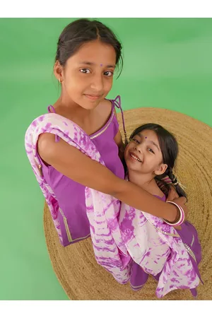 Tiber Taber Girls Purple Yoke Design Pure Cotton Kurti with Sharara & With Dupatta