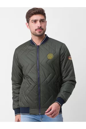 SPYKAR Men Blue Striped Bomber with Patchwork Jacket