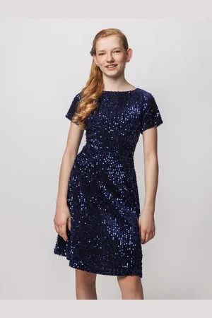 Cherry Crumble Girls Navy Blue Velvet Finish Sequinned Fit & Flare Dress