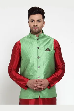 Jompers Men Green Woven Design Regular Fit Nehru Jacket