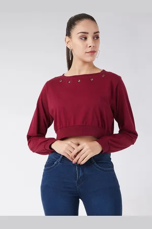 Miss Chase Women Maroon Solid Crop Pure Cotton Top
